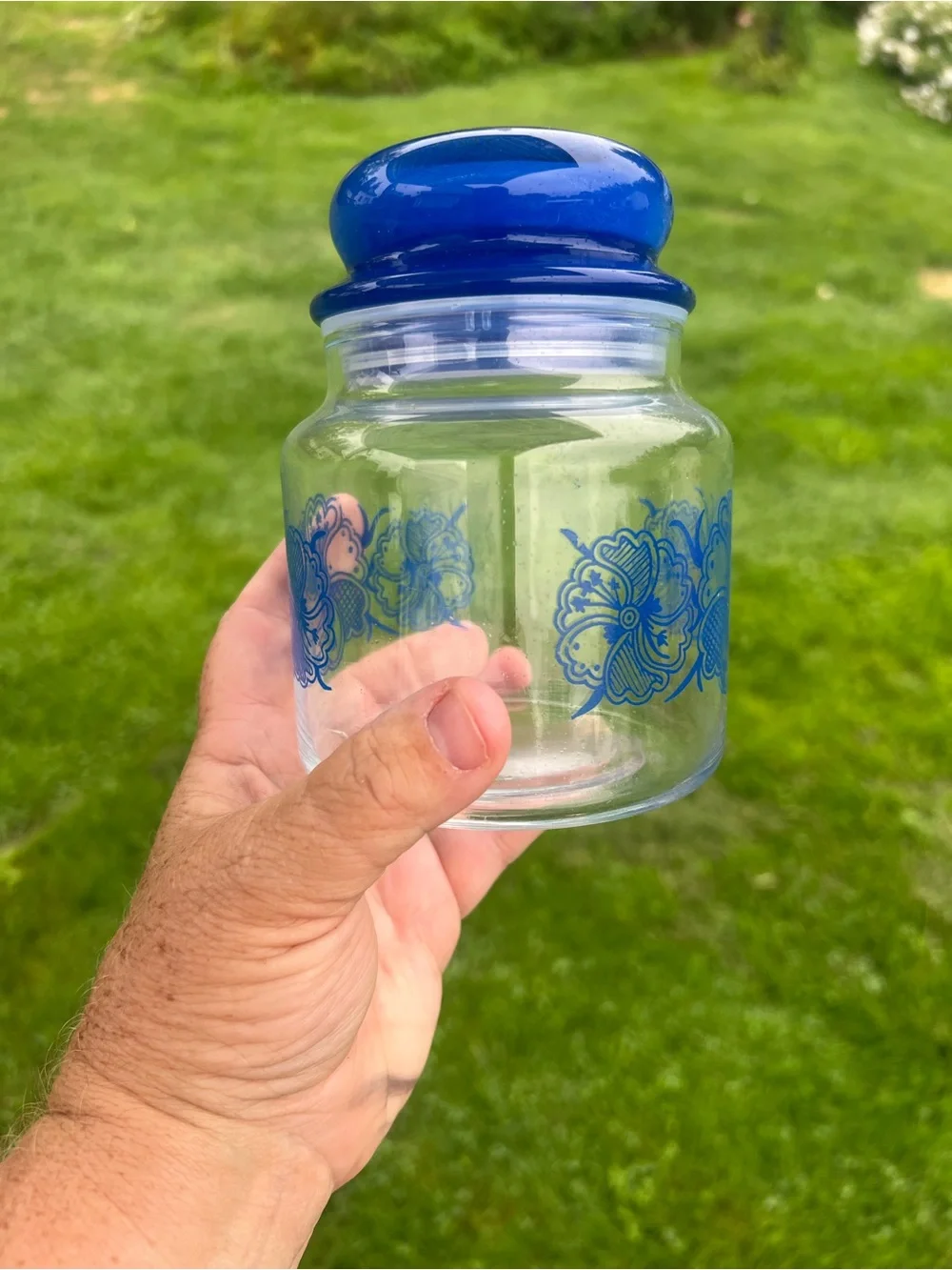 Vintage Blue Floral Glass Canister with Blue Lid